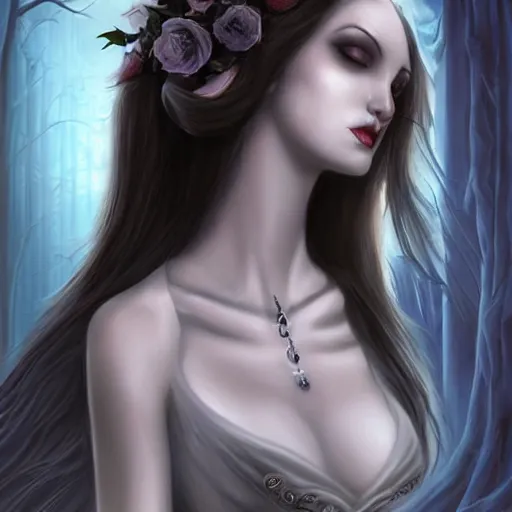 Prompt: elegant pale vampire girl beckons the viewer, by anne stokes, highly detailed, high resolution