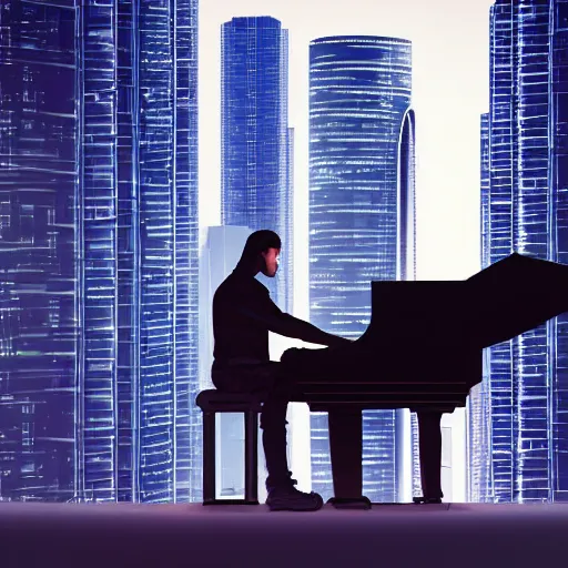 Prompt: cyberpunk world, a man playing piano in front of city skyscrapers