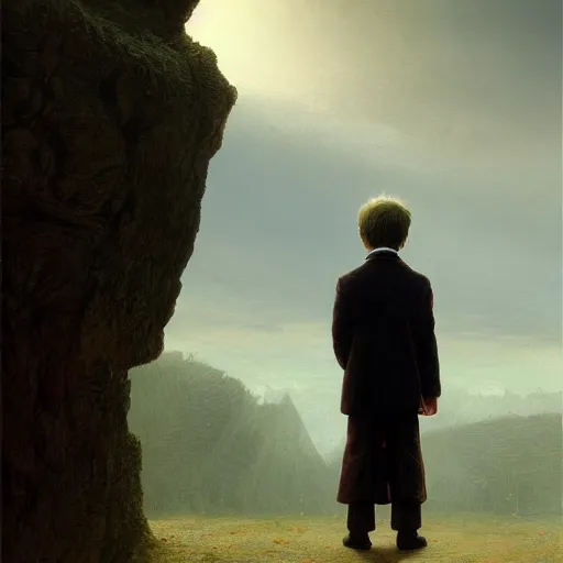 Image similar to a boy looking down in grief, Graceful body structure,cute,Symmetrical face,highly detailed,elegant,Marc Simonetti and Caspar David Friedrich, Trending on artstation,depicted as a Scene from a movie,cinematic lighting