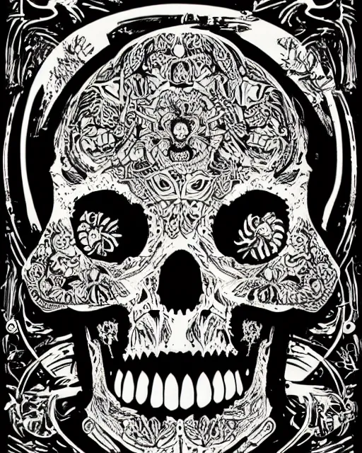 Image similar to an intricate exploding skull, screen print, art by Gustavo Bernal, Garavato