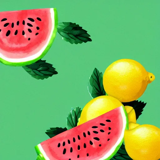 Prompt: retro, hd illustration of watermelons and lemons, mint leaves, inspired by watercolor masterpieces, trending on artstation, 4 k