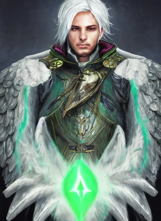 Prompt: An epic fantastic realism comic book style portrait painting of a male hexblade warlock aasimar with angel wings, green energy emanating from body, silver hair, Apex Legends Concept Art, unreal 5, DAZ, hyperrealistic, octane render, cosplay, RPG portrait, dynamic lighting