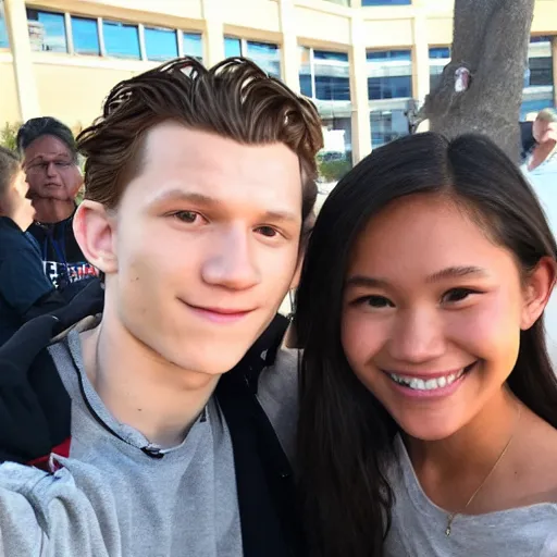 Image similar to Tom Holland with his arm around a beautiful Filipina college girl at Chapman University