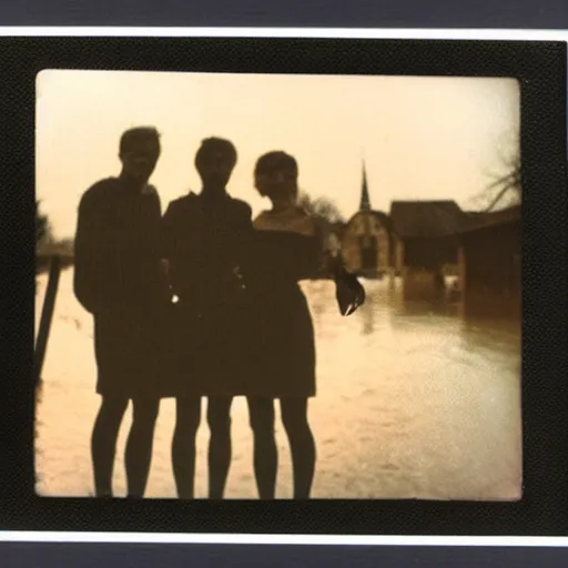 Prompt: an old polaroid of the silhouette of three friends standing in front of a flooded german town, chiaroscuro, nostalgic, with a lot of sentimental value, good old memories