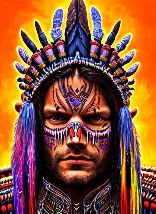 Image similar to portrait of jared padalecki, hyper detailed ultra sharp aztec shaman warrior. trending on artstation, warpaint aesthetic, bloodwave, colorful, psychedelic, ornate, intricate, digital painting, concept art, smooth, sharp focus, illustration, art by artgerm and greg rutkowski and h. r. giger, 8 k