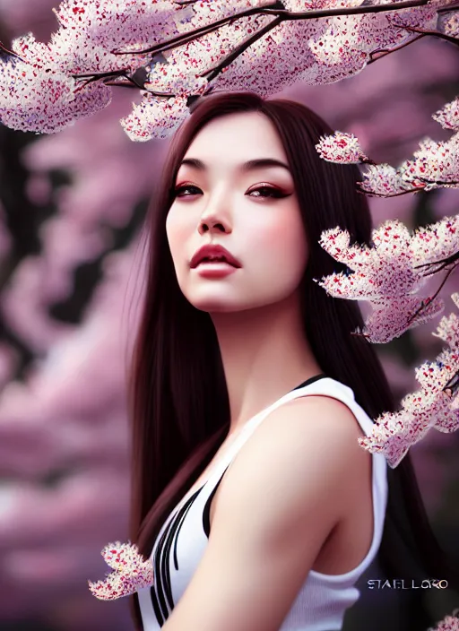 Image similar to photo of a gorgeous female in the style of stefan kostic, realistic, half body shot, sharp focus, 8 k high definition, insanely detailed, intricate, elegant, art by stanley lau and artgerm, extreme bokeh cherry blossoms