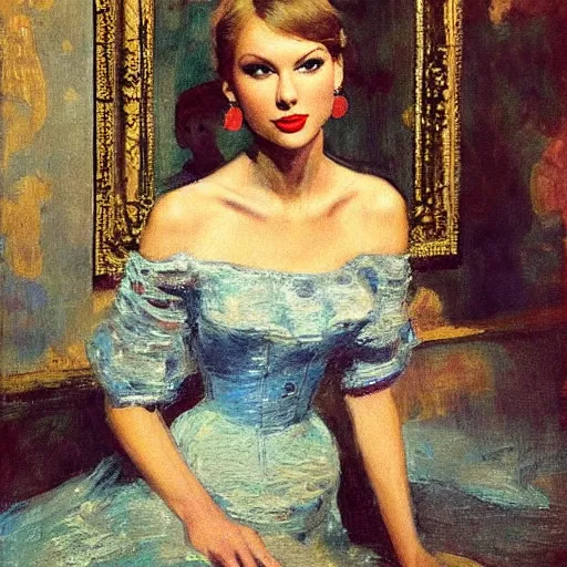 Image similar to Taylor Swift singing to her reflection, mirror, 1950s, modest, elegant clothing, tiara, mild impressionism, award winning, photorealistic, by Ilya Repin