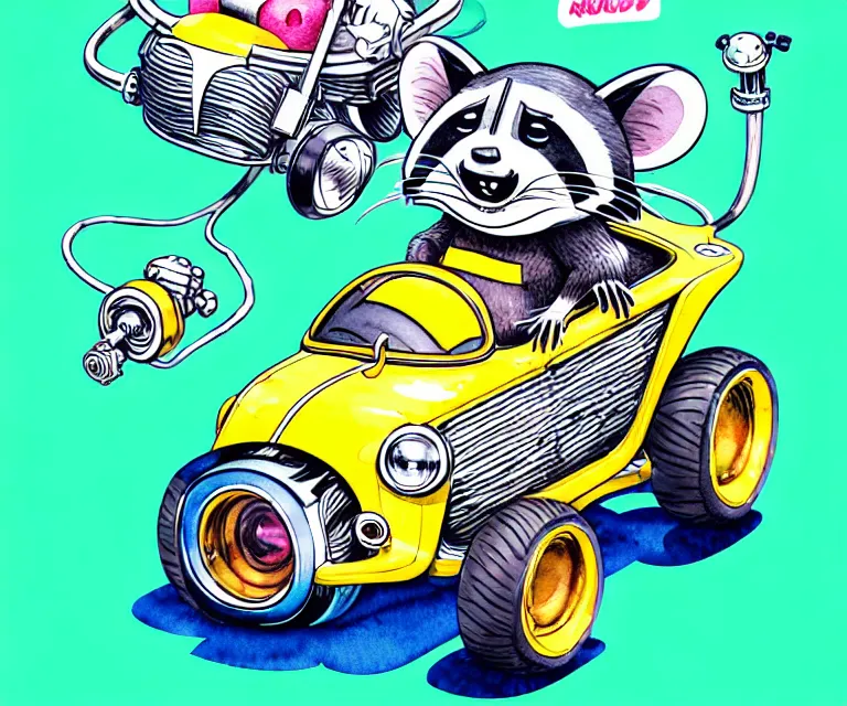 Image similar to cute and funny, racoon wearing a helmet riding in a tiny hot rod with oversized engine, ratfink style by ed roth, centered award winning watercolor pen illustration, isometric illustration by chihiro iwasaki, edited by range murata, tiny details by artgerm and watercolor girl, symmetrically isometrically centered, sharply focused