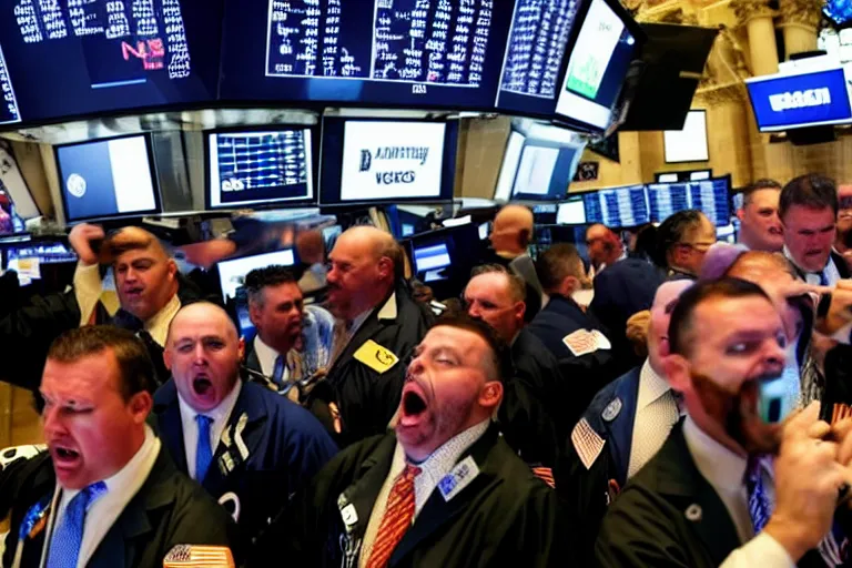 Prompt: bears screaming on the floor of the NYSE as the markets rally to all-time-highs, high definition color photograph