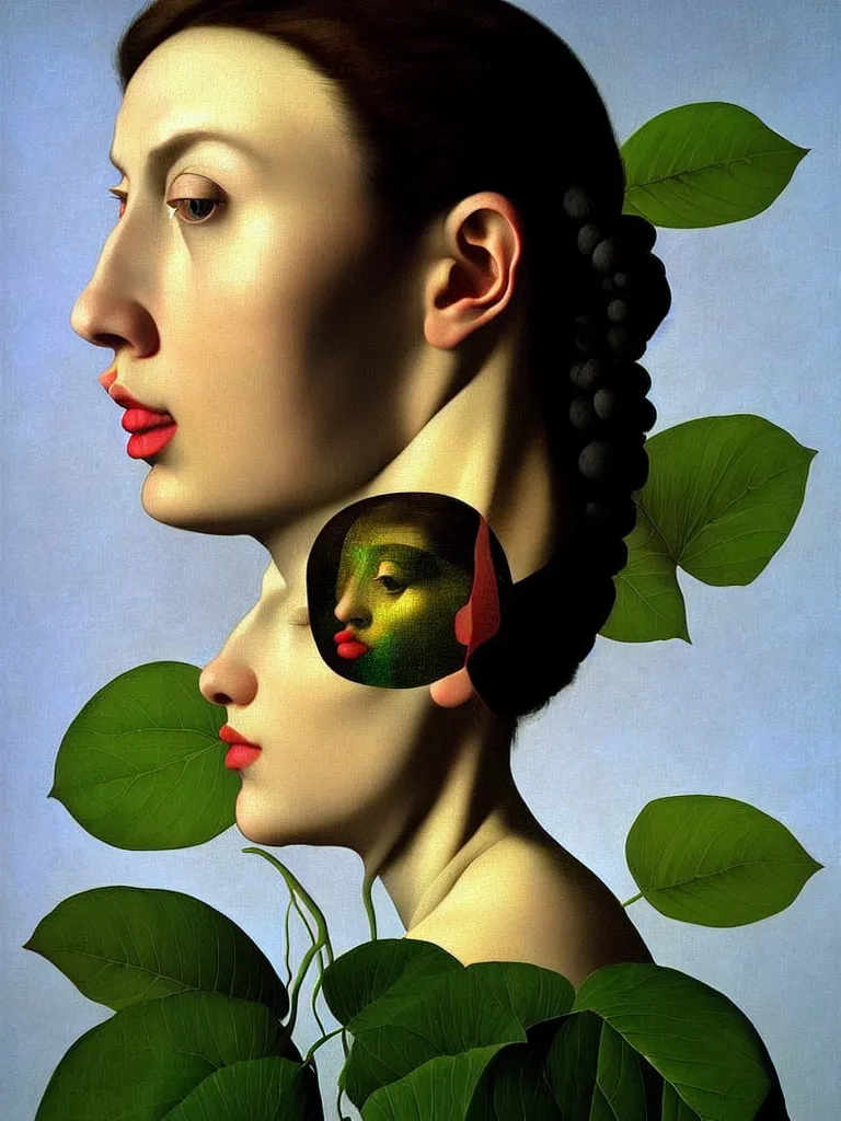 Prompt: hyperrealistic still life portrait woman's face in profile, beautiful plants, jungian archetypes, light refracting through prisms in a tesseract, by caravaggio, botanical print, surrealism, vivid colors, serene, by rene magritte