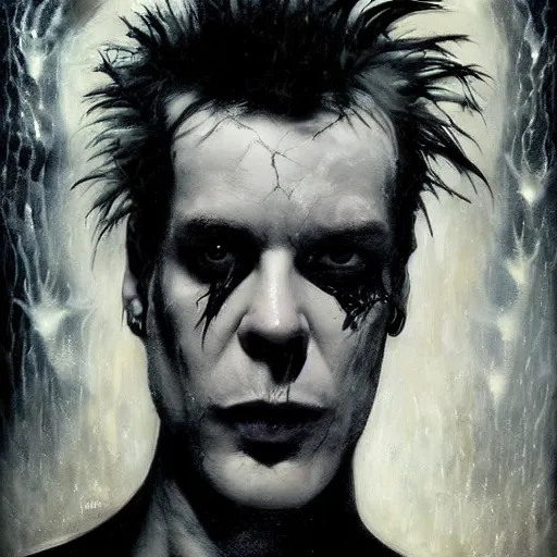 Image similar to stunning portrait of gaunt sid vicious a ( the cure fan ) as dream from sandman, dim stars as eyes, by jeremy mann, by cedric peyravernay, by by russ mills, by richard avedon and ben templesmith, dramatic lightning, sadness, dark eye sockets, in the shadows, punk rock, gothic, high detailed, 8 k