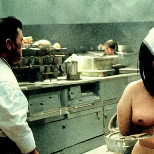 Image similar to wide scenic shot from the scene from the David Lynch production of Godzilla where the conjoined chefs cook. The chefs are conjoined at the head and neck, they share one head. Cinematic, VHS copy, film grain, 35mm film.