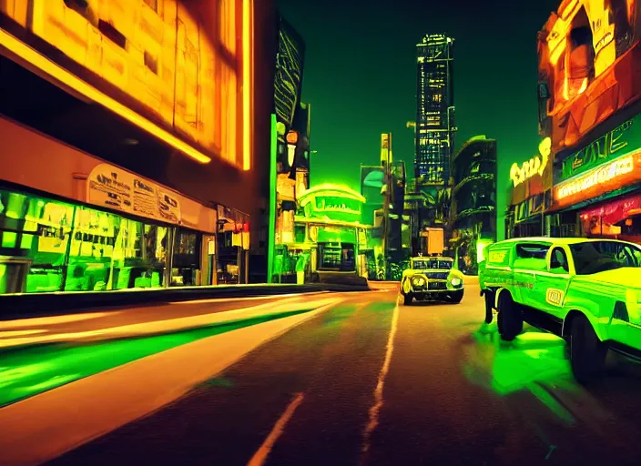 Image similar to a film still of a tonka truck driving through a neon green city at night, cinematic