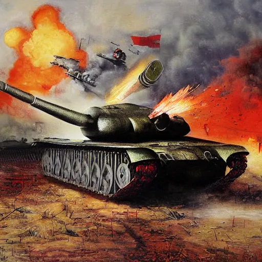 Prompt: soviet tank attack, battle painting by Peter Krivonogov