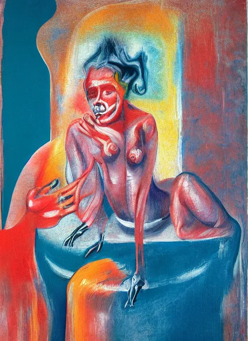 Prompt: beautiful girl in blue room, grotesque, doomed, acrylic paint, gouache on canvas, vibrant colors, grotesque, wrapped thermal background, art francis bacon