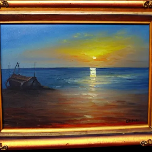 Prompt: sunset over a cabin on the coast, sea, wood, oil painting