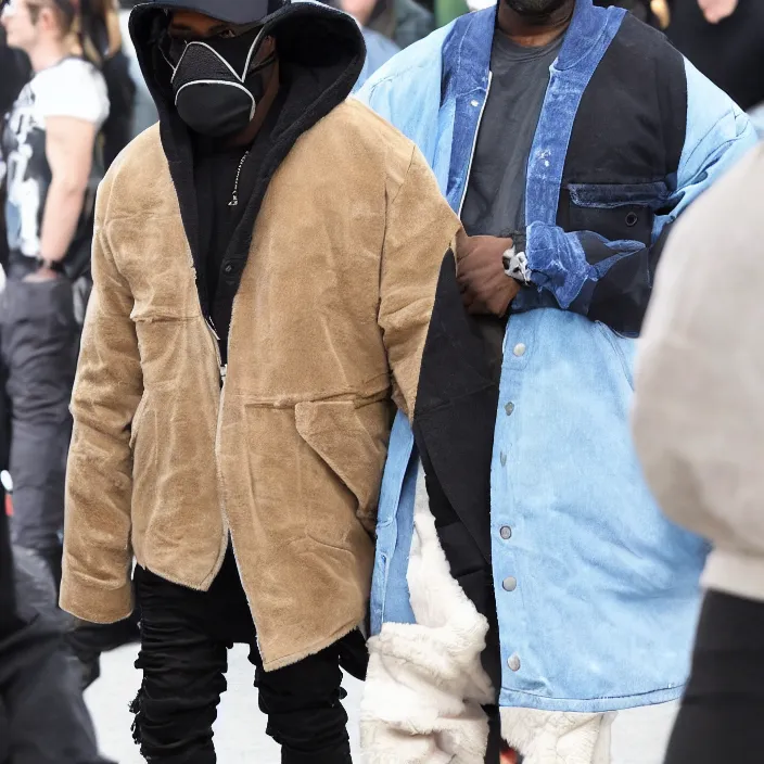 Prompt: kanye west using a face covering black mask with small little holes, a blue round puffer jacket and big black rubber boots,