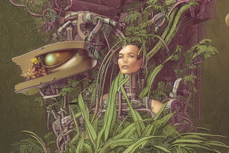 Prompt: gigantic robot - girl head floating in the space, a lot of exotic plants, trees, flowers, oldschool vintage sci - fi flat surreal grainy design, super - detailed, drawing by moebius, hd, 4 k, high quality