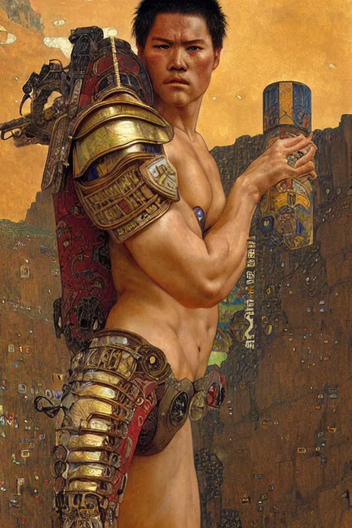 Image similar to Gladiator, muscular, detailed face, correct face, cyberpunk chinese ancient castle, fantasy, painting by Gustav Klimt, greg rutkowski and alphonse mucha