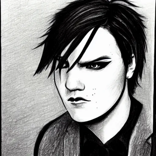 Image similar to A traditional drawing of Gerard Way in a style of emo/scene drawing, late 2000’s, low quality, trending on Deviantart