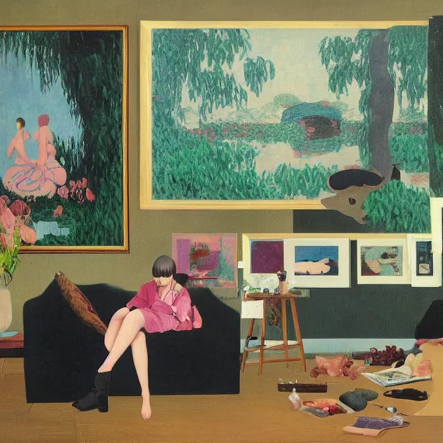 Prompt: female emo art student in her lounge room, painting of flood waters inside an artist's loungeroom, a river flooding indoors, pomegranates, pigs, ikebana, water, octopus, river, rapids, waterfall, black swans, canoe, berries, acrylic on canvas, surrealist, by magritte and monet