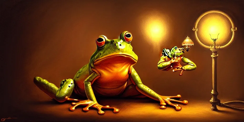 Prompt: a frog holding a lamp by justin gerard, concept art, creature design