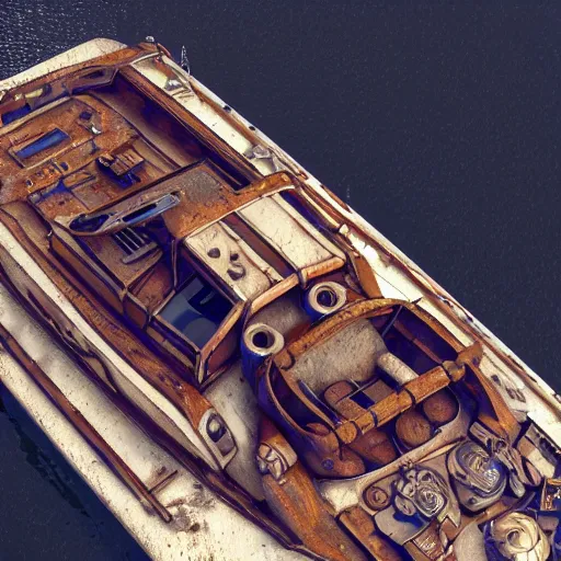 Image similar to top down view of a texture, messy motor room boat, ancient mecanism, steampunk, substance painter material, artstation, octane render, vray, 4 k