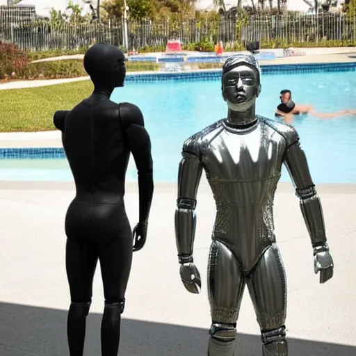 Image similar to a realistic detailed photo of a guy who is an attractive humanoid who is half robot and half humanoid, who is a male android, wrestler bo nickal, shiny skin, posing like a statue, blank stare, by the pool, on display, showing off his muscles, humanoid robot, frozen ice statue