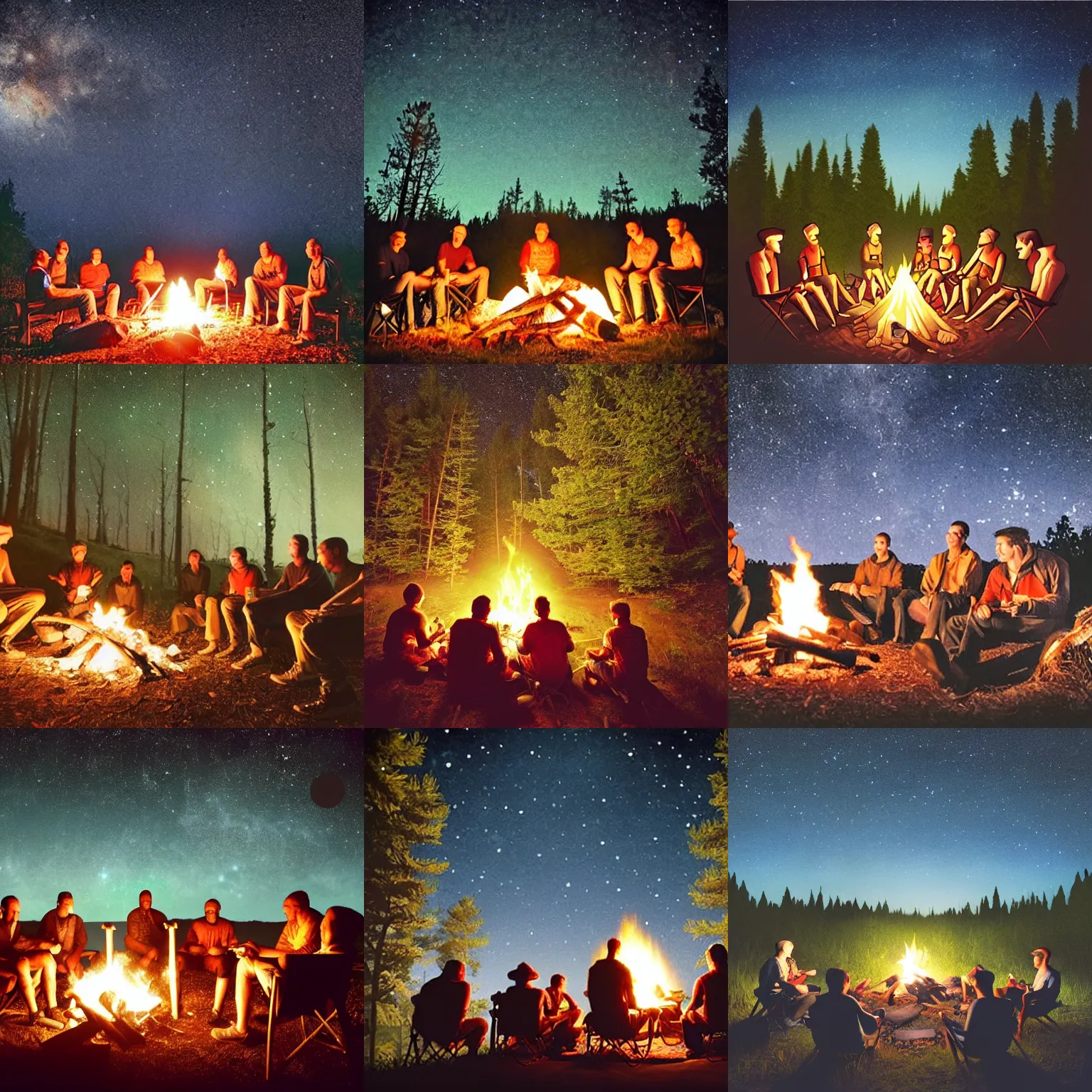 Prompt: “Photorealistic image of five guys sitting around a campfire near a cabin and near the forest under the stars in the night”