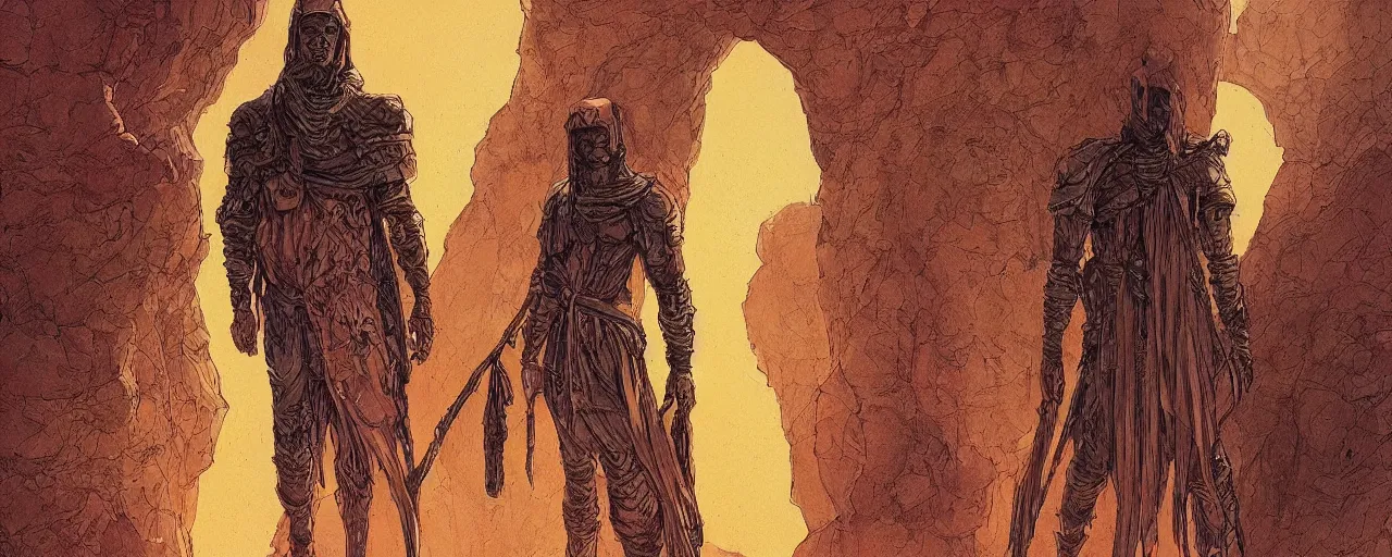 Image similar to lone wandering male figure in heavy robes and desert survival gear, artstyle of Moebius, style of Philippe Druillet, style of Rodan, brutalist style overall aesthetic, warm colors, trending on Artstation