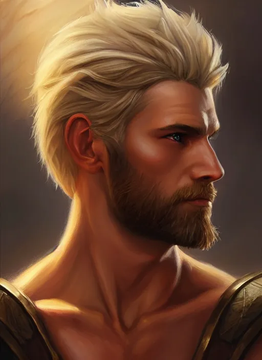 Image similar to a _ fantasy _ style _ portrait _ painting _ of fighter male, medium dark blonde pulled back side part and blonde stubble, rpg dnd oil _ painting _ unreal _ 5 _ daz. _ rpg _ portrait _ extremely _ detailed _ artgerm _ greg _ rutkowski _ greg