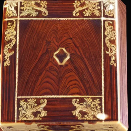 Prompt: edwardian photograph of a rosewood and ivory-inlaid box, beautiful, photograph very grainy, slightly blurry, 1900s, 1910s