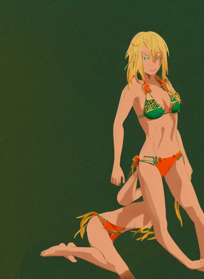 Image similar to beautiful blond woman in orange tribal bikini, blond hair pulled back off the face, green eyes, by makoto shinkai, 8 k, high resolution render, cinematic, unreal engine, clean lineart and flat color,