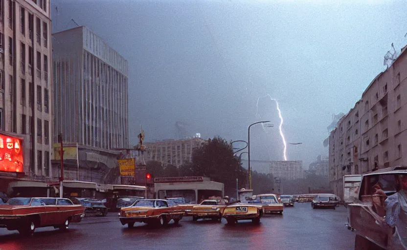 Prompt: 70s movie still of a sovietic street with pedestrians with soviet highrise in the backround , Cinestill 800t 18mm ektachrome color, heavy grainy picture, very detailed, high quality, 4k panoramic, HD criterion, dramatic lightning, neon billboards and streetlight at night, rain, mud, foggy