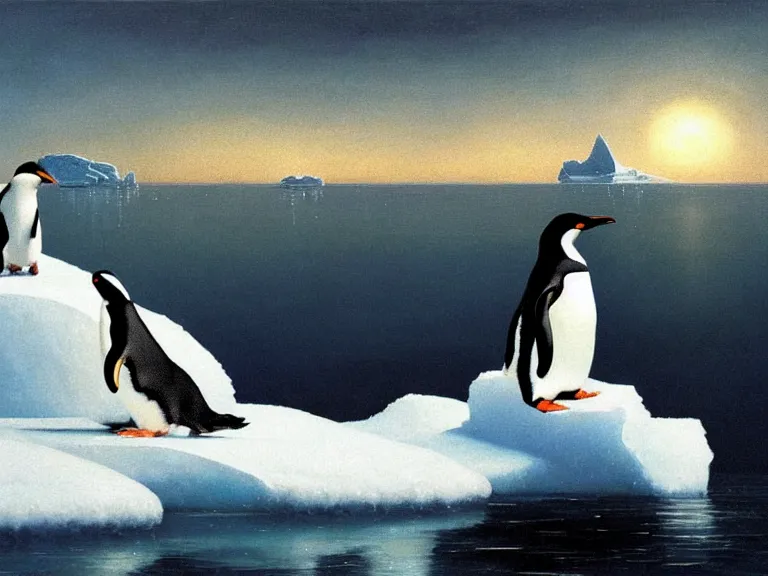 Image similar to an oil painting of a penguin playing in pure white snow on an iceberg in a serene ocean at dusk. aurora. by tuomas korpi moebius and carl spitzweg. baroque elements. intricate artwork by caravaggio. oil painting. oil on canvas. award winning. dramatic. trending on artstation. 8 k