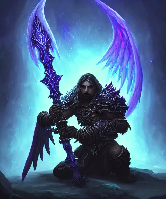 Prompt: dark world of warcraft blizzard art, portrait of fallen man angel kneeling with a sword and wings, bokeh. dark art masterpiece artstation. 8k, sharp high quality illustration in style of Jose Daniel Cabrera Pena and Leonid Kozienko, violet colored, concept art by Tooth Wu