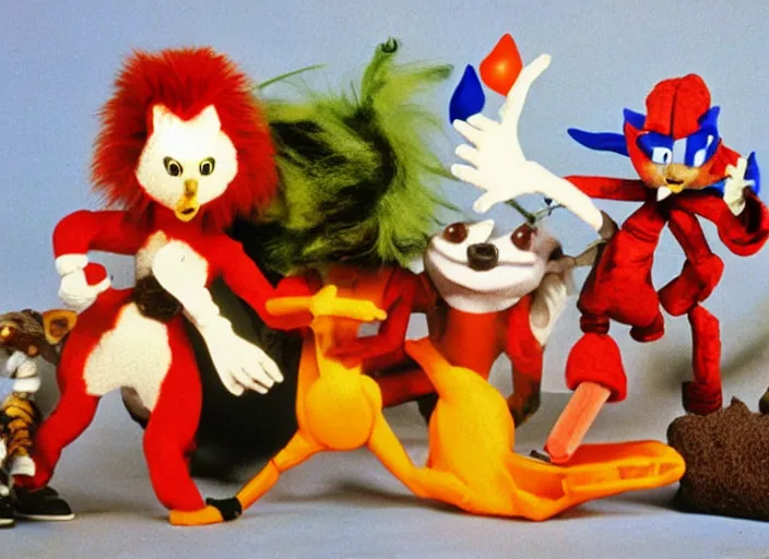 Image similar to still from a 1 9 9 2 live - action stop - motion puppetry tv show by tim burton starring sonic the hedgehog and tails and dr. robotnik and robotic animals in dioramas. everything is made of plasticine, fabric, and other physical materials. photographic ; realistic ; highly - detailed.