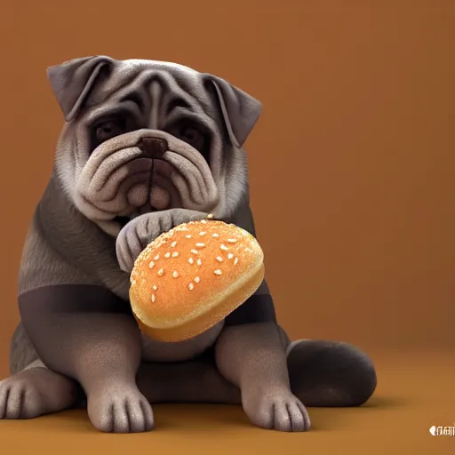 Image similar to An obese dog holding a hamburger, sitting on a grimy, dirty couch, trending on artstation, 4k, 8k, artstation 3d, artstation render, artstation 3d render, 3d art, unreal engine 3d, octane 3d, blender 3d, 3d landscape