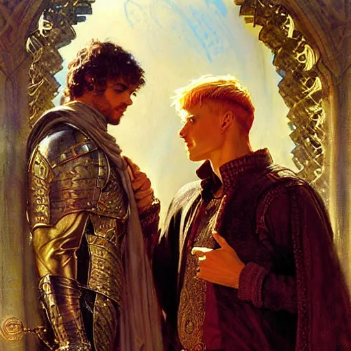 Image similar to stunning arthur pendragon in love with stunning male merlin the mage. they are close to each other. highly detailed painting by gaston bussiere, craig mullins, j. c. leyendecker