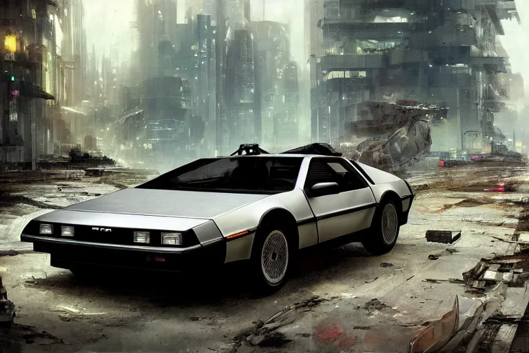 Image similar to photograph of the delorean, with a sleek spoiler, driving down the streets of a cyberpunk abandoned city, by greg rutkowski, by stanley artgerm, by alphonse mucha