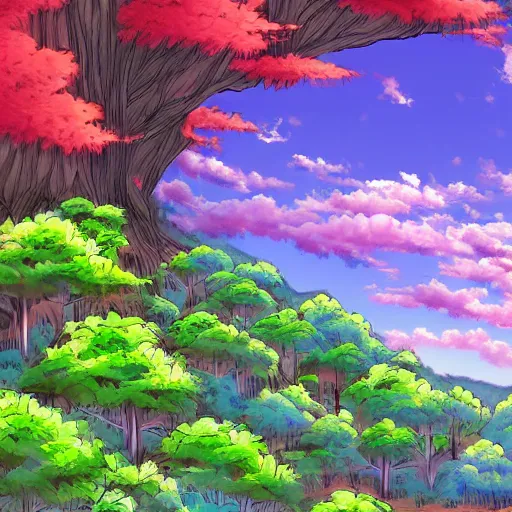 Prompt: a landscape of a mountain forest, colorful anime style, by miadzaki