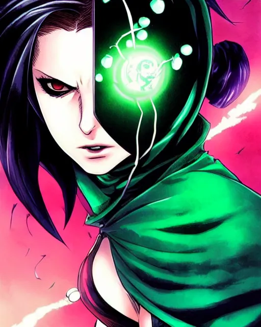 Prompt: artgerm, eiichiro oda, pixiv, Rafael Albuquerque comicbook cover, cinematics lighting, beautiful Anna Kendrick supervillain Enchantress, green dress with a black hood, angry, symmetrical face, Symmetrical eyes, full body, flying in the air over city, night time, red mood in background