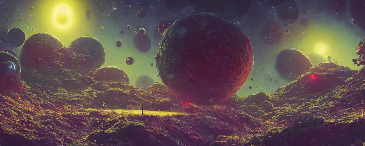 Image similar to ” outer planet with strange and mysterious eggs and larvae, [ art by paul lehr, cinematic, detailed, epic, widescreen, opening, establishing, mattepainting, photorealistic, realistic textures, octane render ] ”