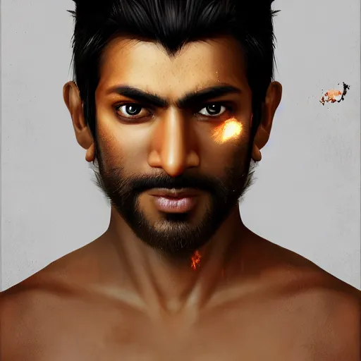 Prompt: Ultrawide Portrait of a Very handsome Indian with fire in his eyes, Anime concept art, trending on Artstation, photorealistic image, 8k