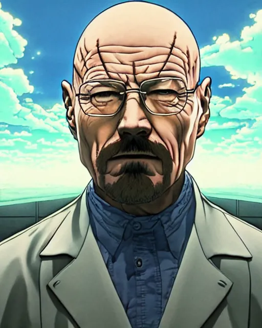 Image similar to portrait of walter white as a robot, cybernetic enhancements, art by makoto shinkai and alan bean, yukito kishiro