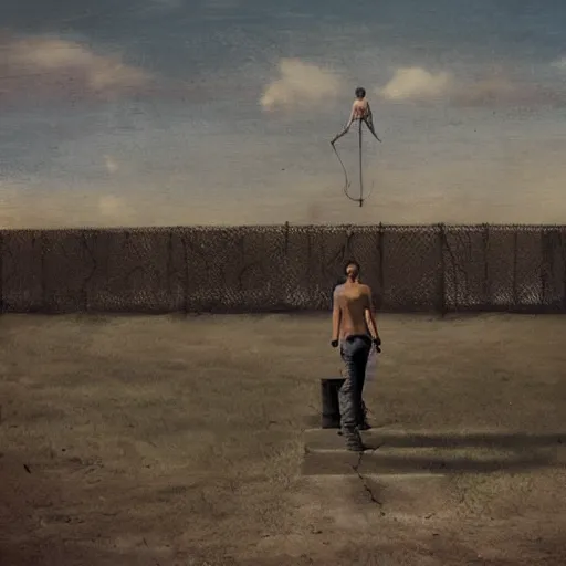 Prompt: a man standing in front of a high wire fence, by emiliano ponzi, dystopian art