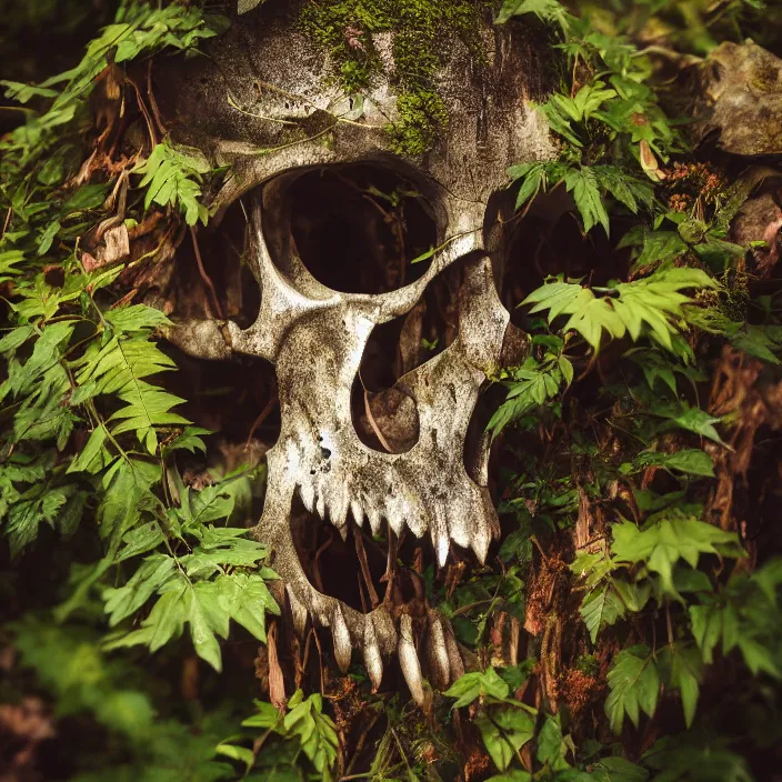 Prompt: overgrown foliage taking over a realistic wolf skull, close - up, 3 5 mm, f 1. 8, bokeh, beautiful, lens flare, emotional, sweet, flowers, detailed, picture, trending on artstation, award - winning, shiny, golden