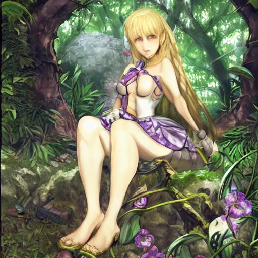 Image similar to a female knight resting in a glade, vanillaware artwork, george kamitani