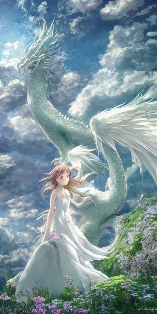 Image similar to the beautiful hyper detailed scene render that a lonely beautiful girl lies in the arms of a huge silver white dragon alone in fairyland surrounded by white clouds, finely detailed angelic face delicate features, style of studio ghibli, makoto shinkai, raphael lacoste, louis comfort tiffany, artgerm, james jean, ross tran, animation style, hd, ultra wide angle