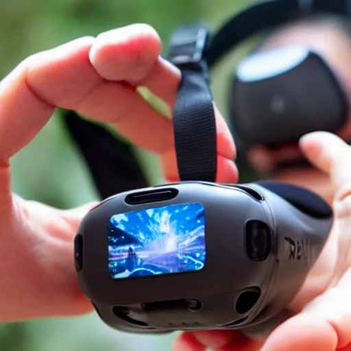 Prompt: a mini virtual reality heaset in the palm of a hand